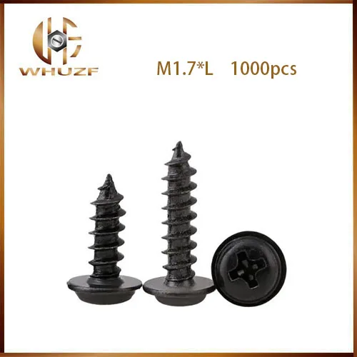 

M1.7 Phillips Round Pan Head With Washer Self-tapping Screws Screw Bolt Bolts in Black m1.7mm*L 1000pcs