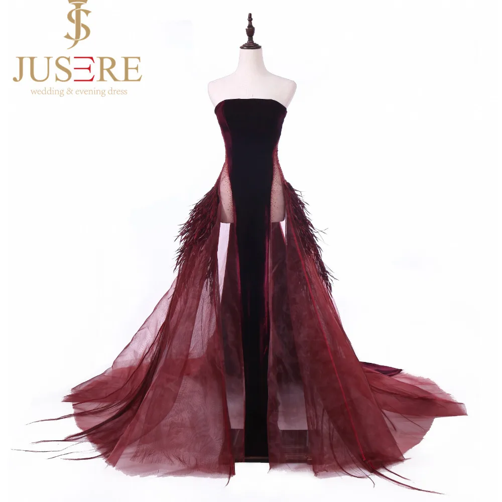 Jusere Burgundy Aline Strapless Formal Dress Floor Length Sleeveless Illusion Waist Long Custom Made Evening Dress