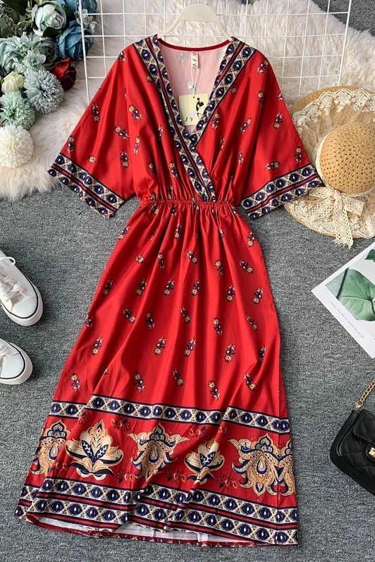 Женское длинное платье с принтом Boho красное Повседневное трапециевидной формы