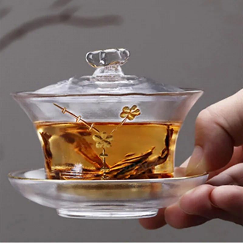 

Creative Heat-resistant Thickening Glass Gaiwan Handmade Drinkware Gold Flower Teaware Master Tea Bowls Teapot Sent Friend Gifts