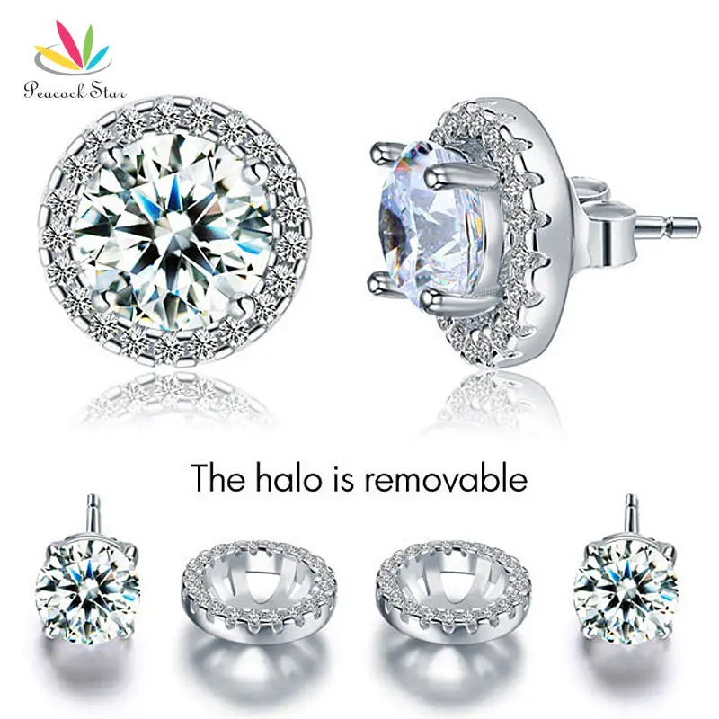 

Peacock Star 2.5 Carat Halo (Removable) Stud Earrings Solid 925 Sterling Silver Jewelry CFE8125