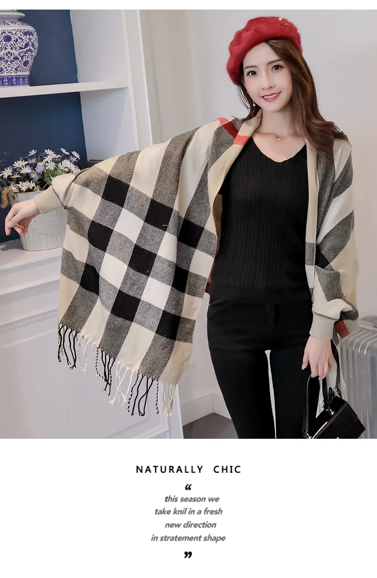 Batwing sleeve Checkered Hippie Fringe Tassel Woven Poncho Cardigans Womens Ladies Fall Winter Plaid knitted sweater Cloak shawl |