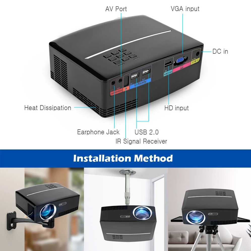 Мини проектор AUN1 1800 люмен светодиодный в HD VGA USB порт. 28 шт. hd с бусинами|aun projector|hd