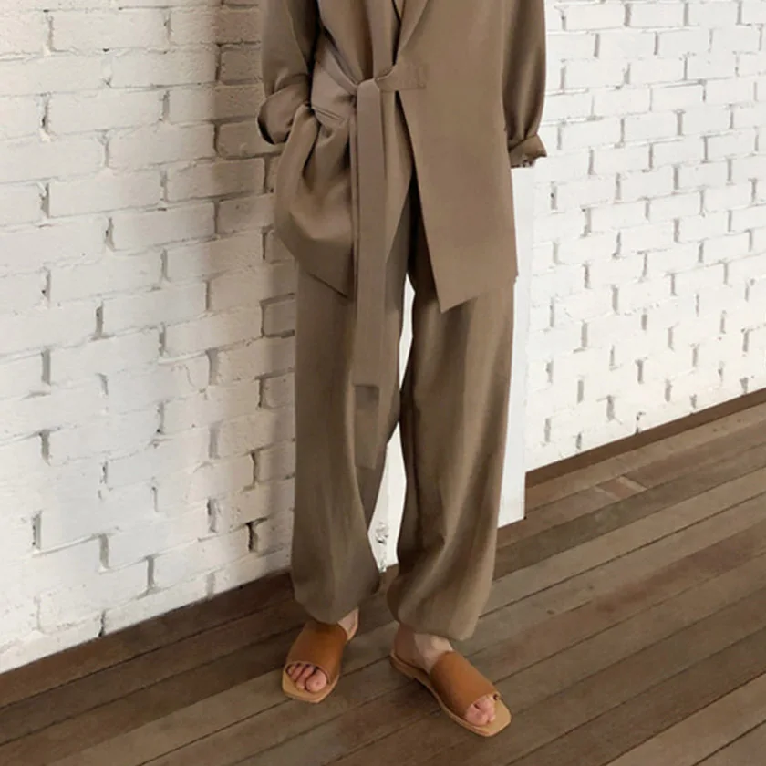 Only Khaki Pants Новое поступление, Женские однотонные брюки с длинным рукавом, костюм на шнуровке, блейзер с высокой талией, широкие брюки, хаки, шикарный комплект из 2 предметов S97401F - Цвет: Only Khaki Pants