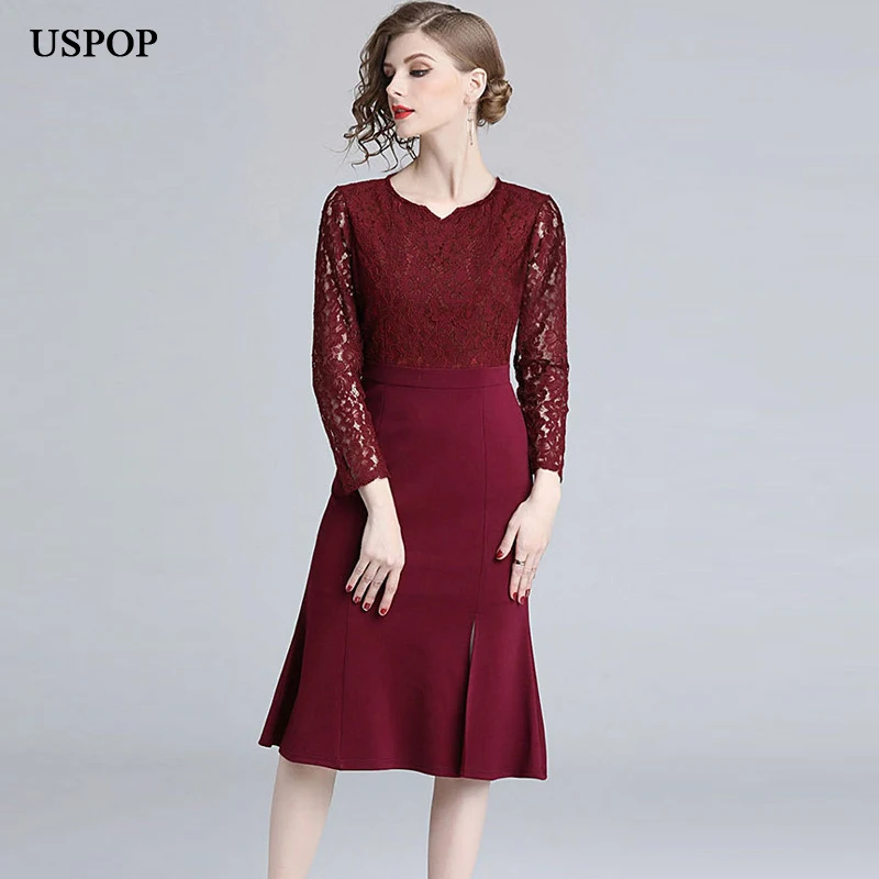 USPOP 2019 New women mermaid dress vintage trumpet full sleeve empire solid color sheath | Женская одежда