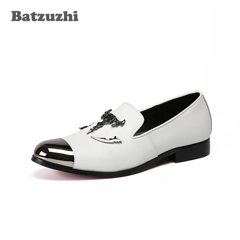 Italian Luxury Men Shoes Silver Top and Metal Toe Men's Dress Genuine Leather White Wedding Flats US12 EU46 | Обувь