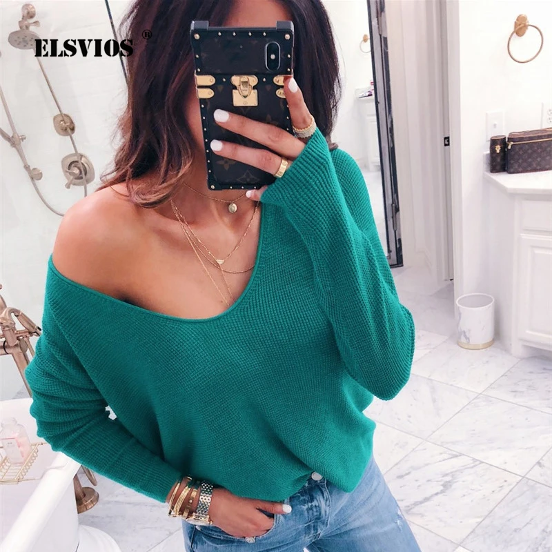 ELSVIOS пикантные одно плечо вязаный свитер для женщин Сплошной пуловеры трикотаж