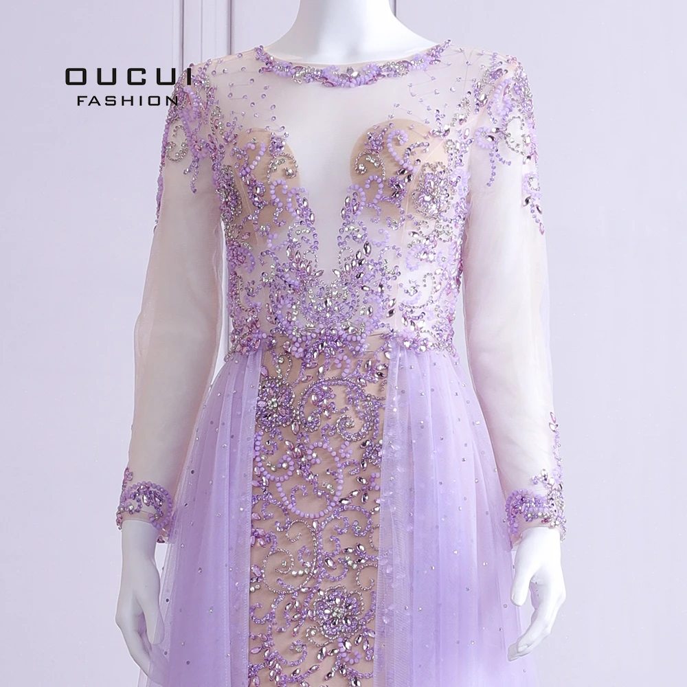 Женское вечернее платье со шлейфом элегантное Сиреневое большого размера с