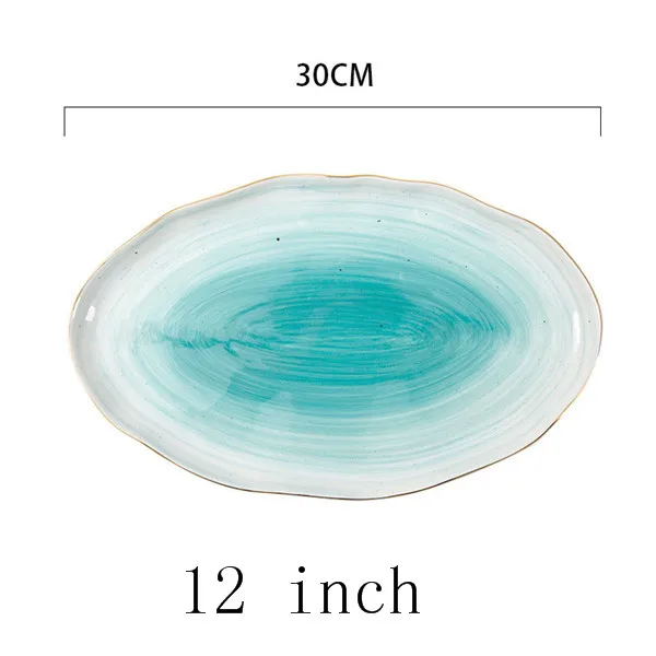 12 inch Blue Набор керамических обеденных тарелок с золотым покрытием, тарелки, фарфоровые тарелки с рисовой рыбой, стейк, десертная посуда, необычная тарелка ручной работы - Цвет: 12 inch Blue