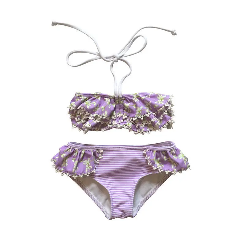 Фиолетовая полосатая одежда с цветочным принтом для маленьких девочек детская