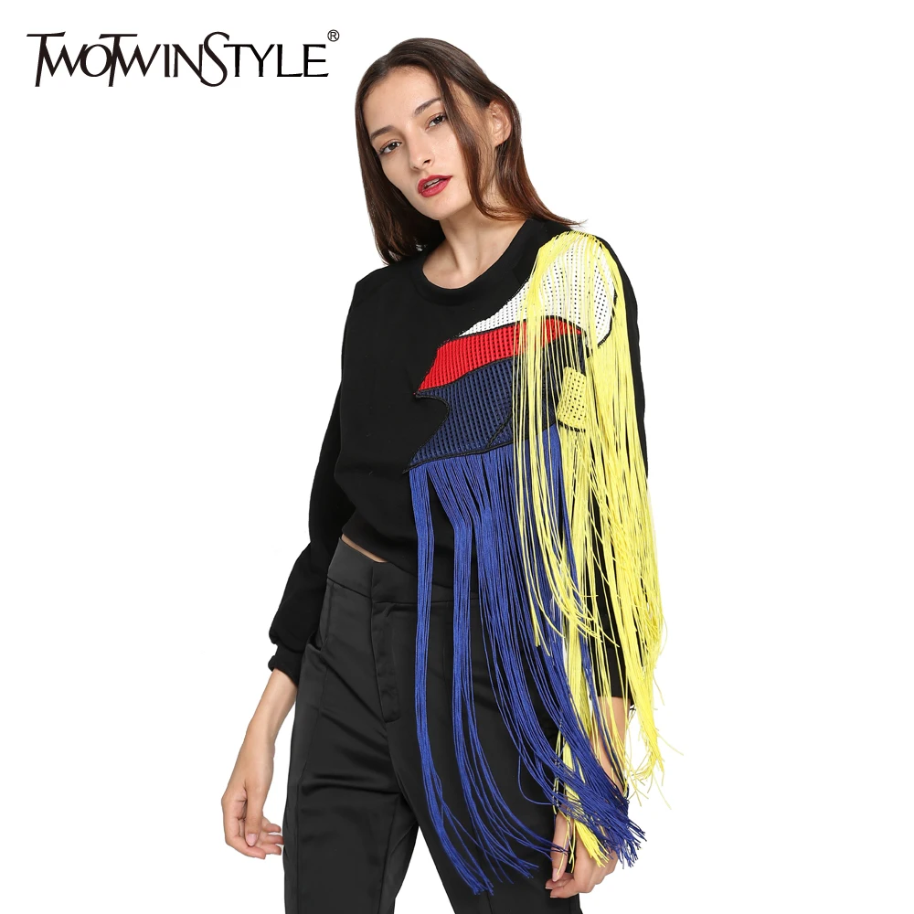 

[TWOTWINSTYLE] 2020 Autumn Women Hoodies Sweatshirt Streetwear Rainbow Tassels Stitching Mesh Thickened Fleece Long Sleeves New