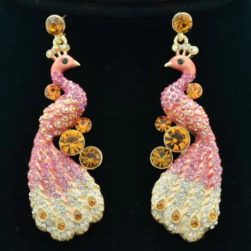 2015 Fashion Women Dangle Earring Vogue Pink Rhinestone Crystals Animal Peafowl Peacock Pierced Free Shipping FA3185 | Украшения и
