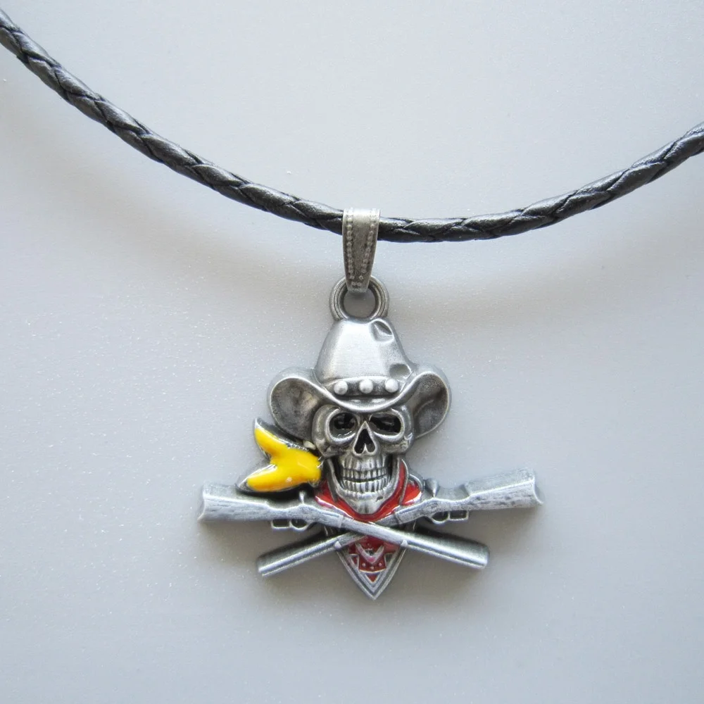 

Skull Pirate Cowboy Western Metal Charm Pendant Leather Necklace Neck Tie