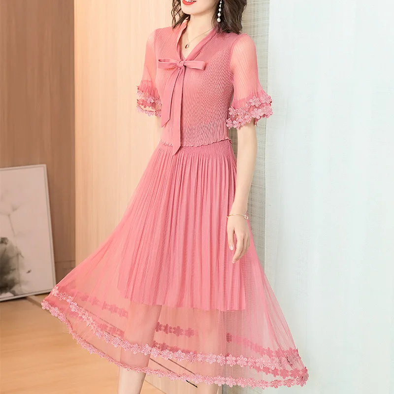

Women Chiffon Ruffle Long Sleeve Bow Pink Dress Puff Sleeve Shirred Waist Summer Casual Party Dresses Female Dress