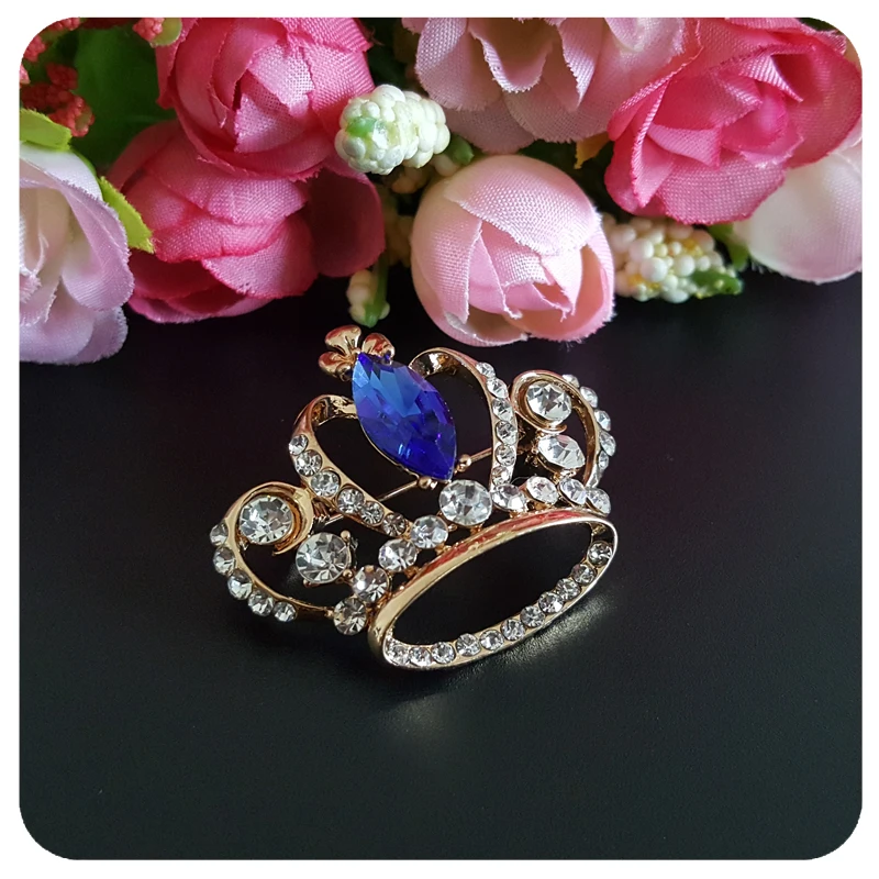 Великолепная брошь в виде короны с королевским синим кристаллом|crown brooch|gold tone