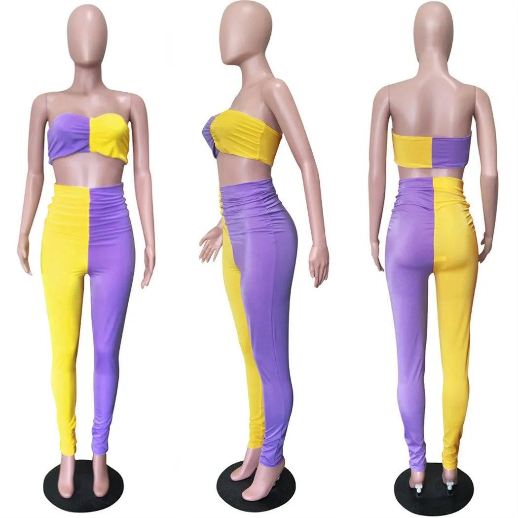 

Contrast Color Patchwork Tracksuit Crop Top and High Waist Pants Bodycon Two Pieces Set Woman Sexy Club Outfits