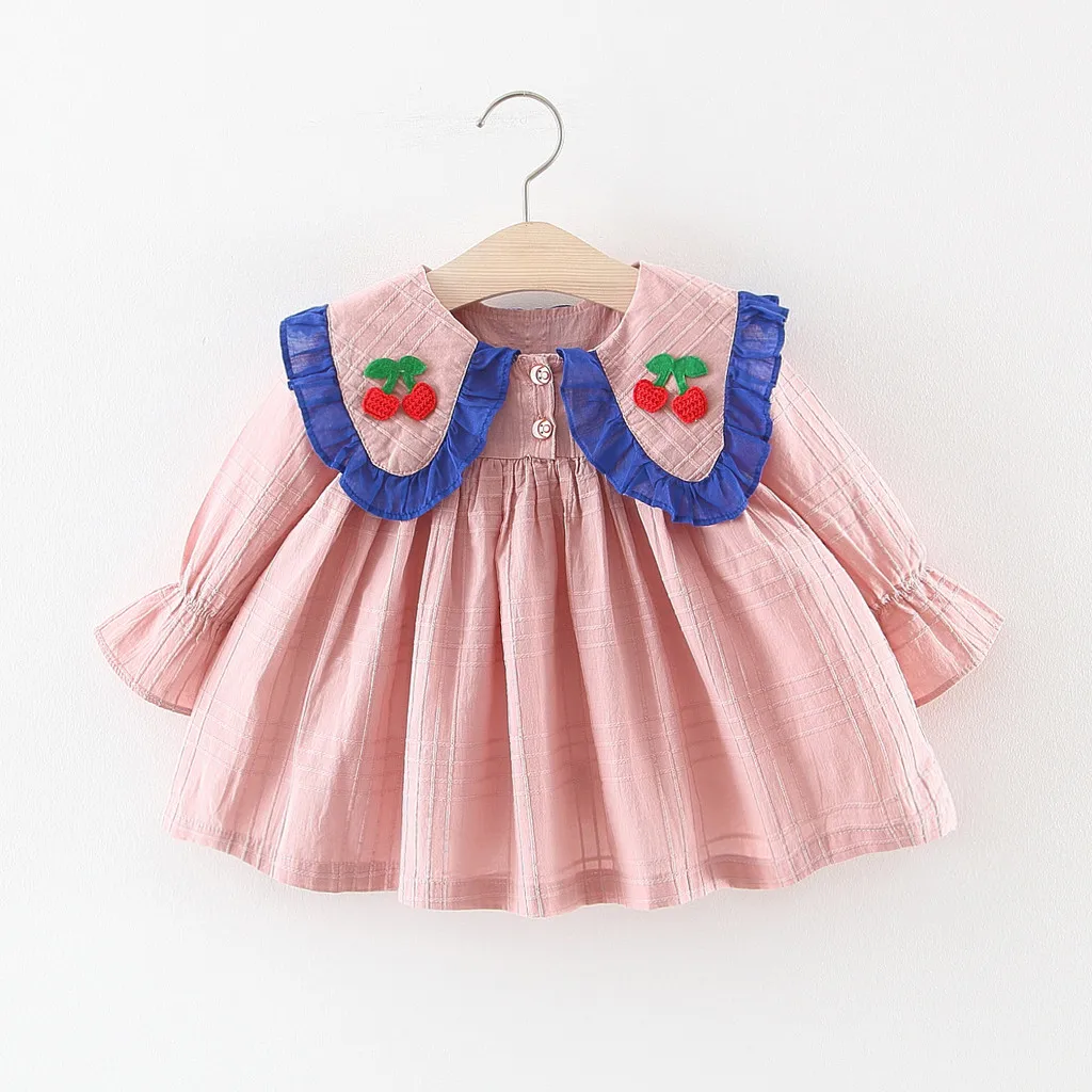 Toddler Baby Kids Girls Ruched Cherry Doll Collar Dresses Casual Clothes