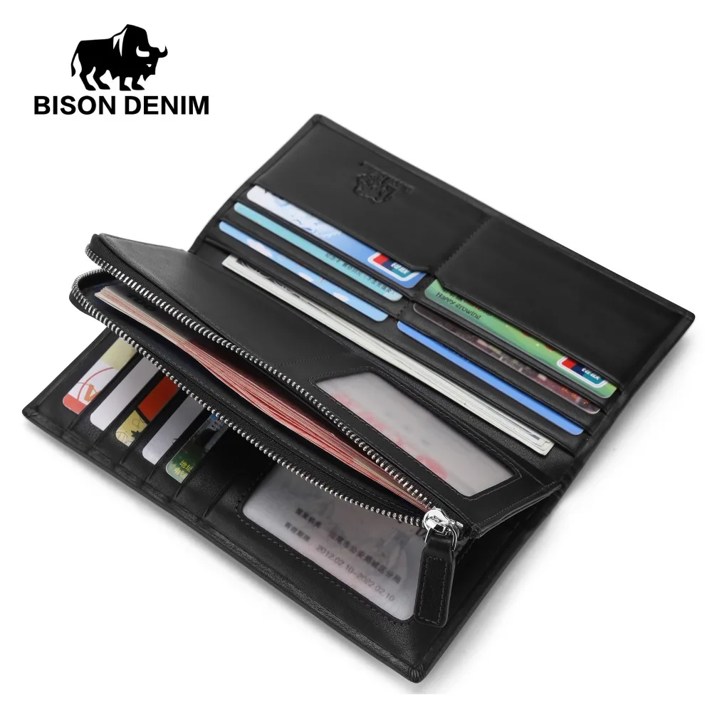 BISON DENIM роскошные мужские кошельки из натуральной кожи длинный деловой