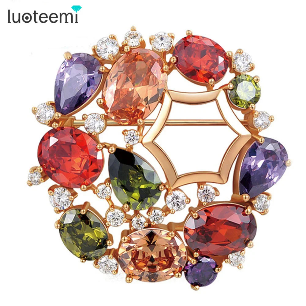 

LUOTEEMI Brand Mona Lisa Wedding Brooch for Women Multicolor Cubic Zircon Inlay Rose Gold-Color Fashion Brooch Jewelry Gift