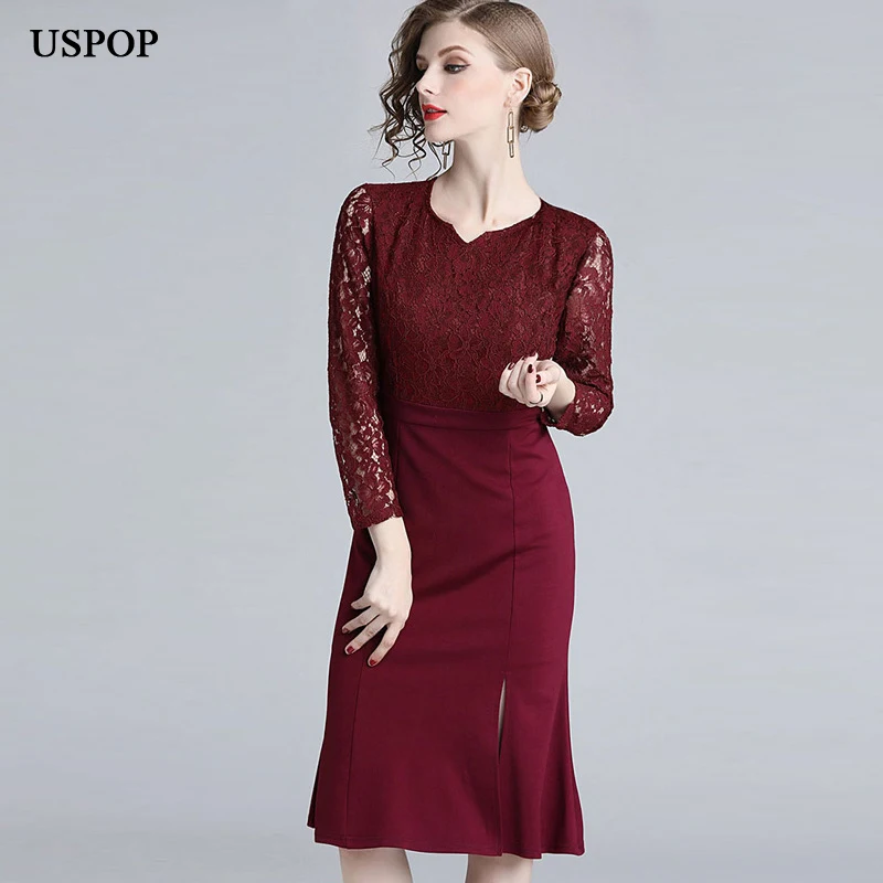 USPOP 2019 New women mermaid dress vintage trumpet full sleeve empire solid color sheath | Женская одежда