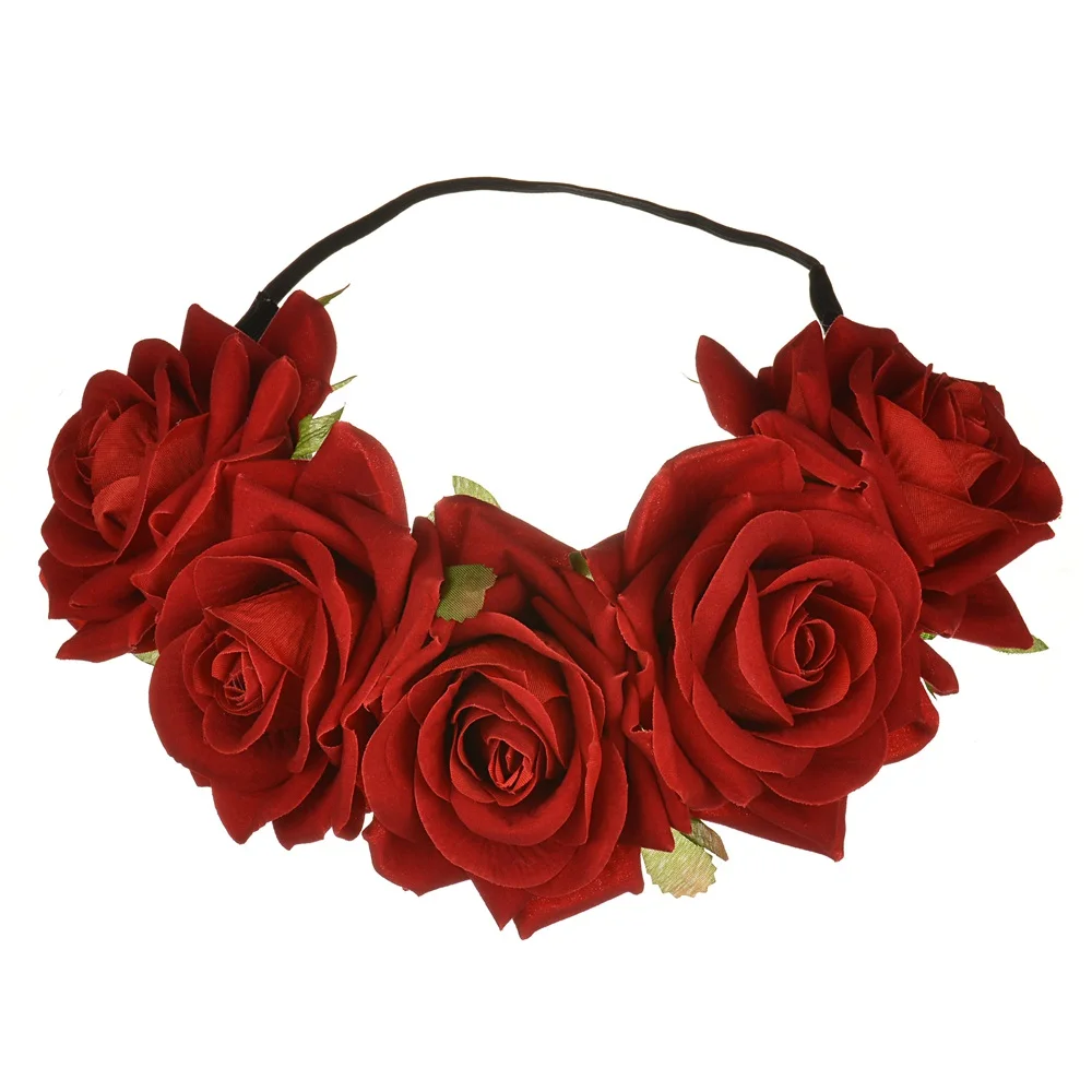 

handmade big rose flower head flower wreath elastic headband crown hair accessory for ladies sell