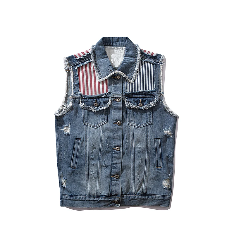 UNCLEDONJM лоскутный джинсовый жилет с рваными рукавами уличная Верхняя одежда