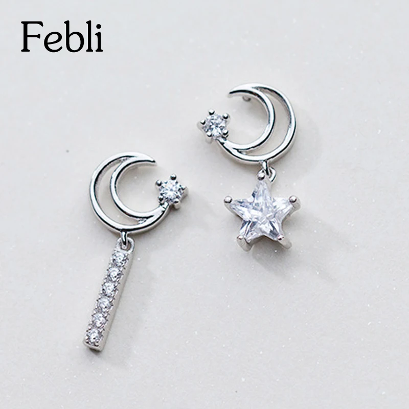 Febli S925 серебро асимметрия Moon звезды серьги фианит розовое золото цвет