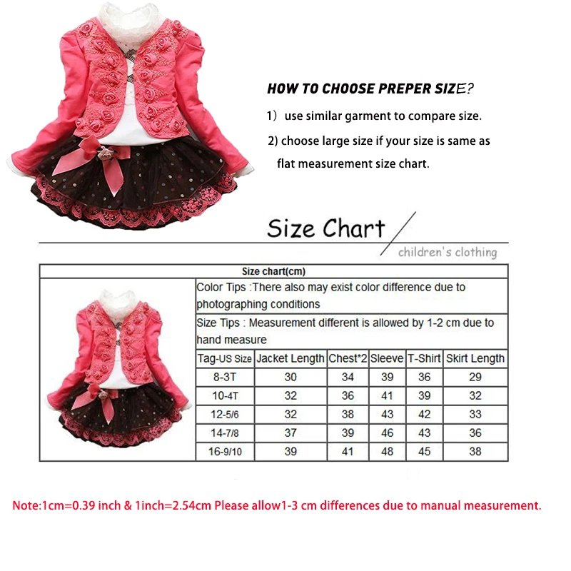 

Girls Winter Warm Suit White T-shirt + Rose Jacket + Dot Mesh tutu Skirt Children Clothes 3pcs Flower Casual Sets Baby Kid skir