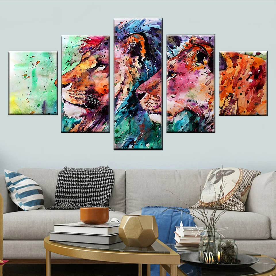 Nordic wall art рамка картина 5 панель Красочные льва холст с печатью постера