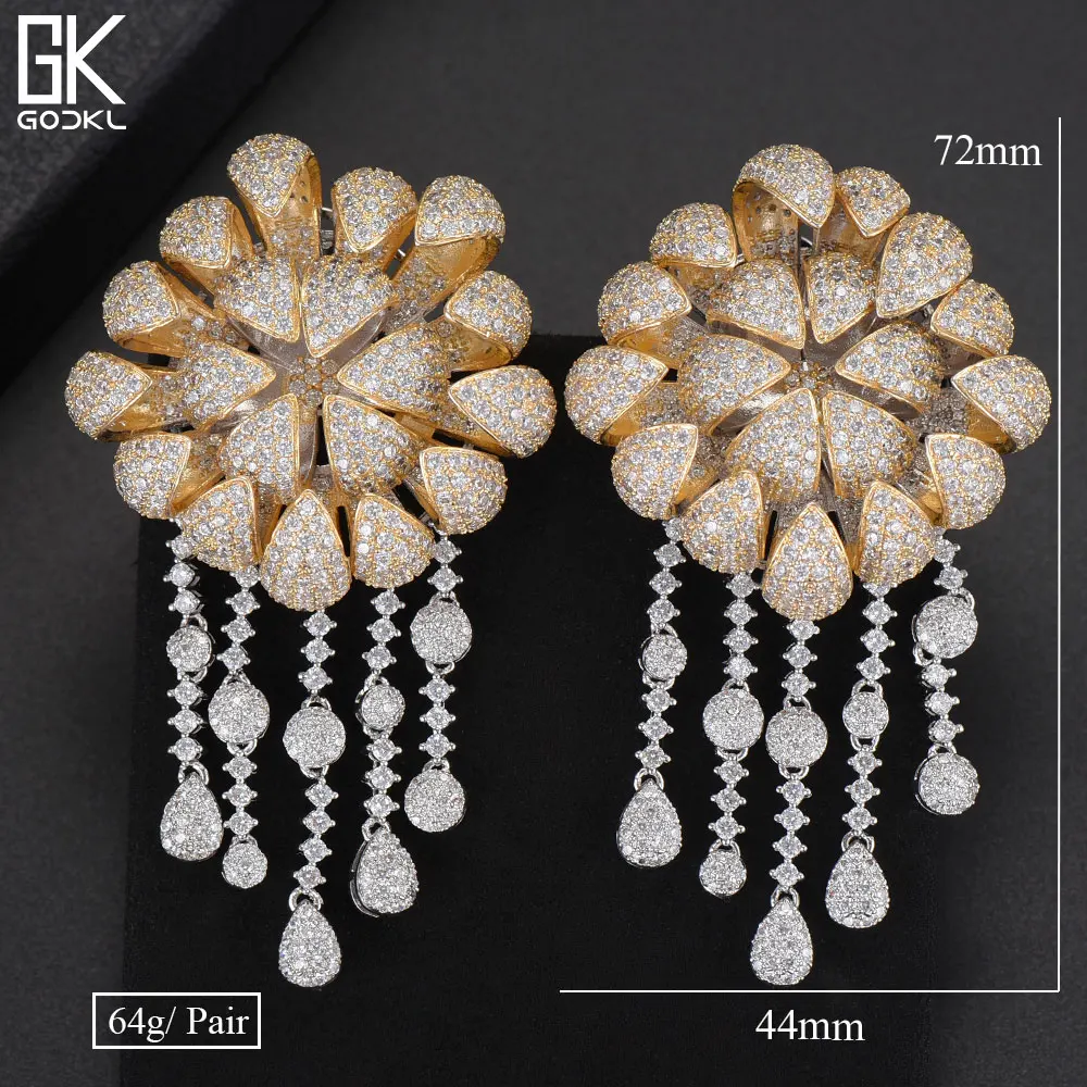 GODKI Luxury Daisy Flower Nigerian Tassels Long Dangle Earrings For Women Zircon Crystal African Indian Dubai Bridal Earring | Украшения и