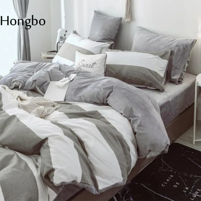 Hongbo зимнее теплое серое белое Полосатое стеганое одеяло с кристаллами фланелевый набор постельных принадлежностей пододеяльник набор новых постельных принадлежностей