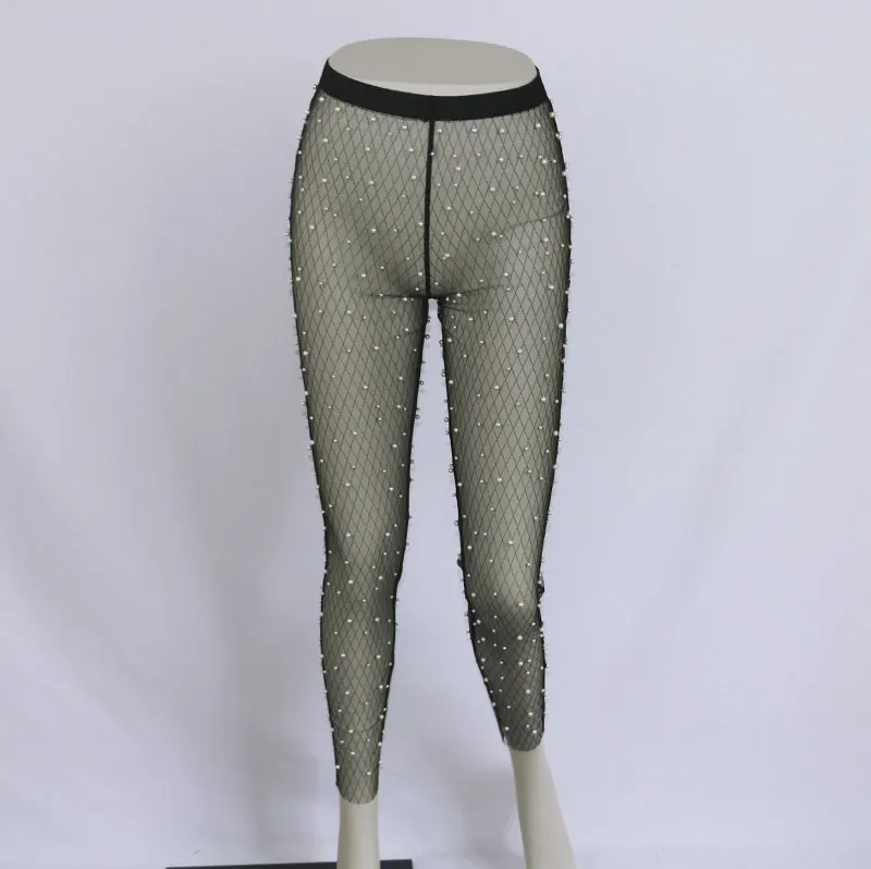Женские Клубные тонкие брюки-карандаш с сеточкой и жемчугом новинка для пляжа