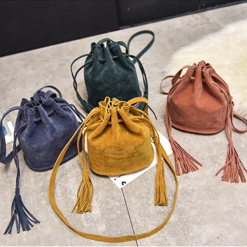 2017 Повседневное строка кисточкой замши ведро Сумки женские мягкие кожаные плеча