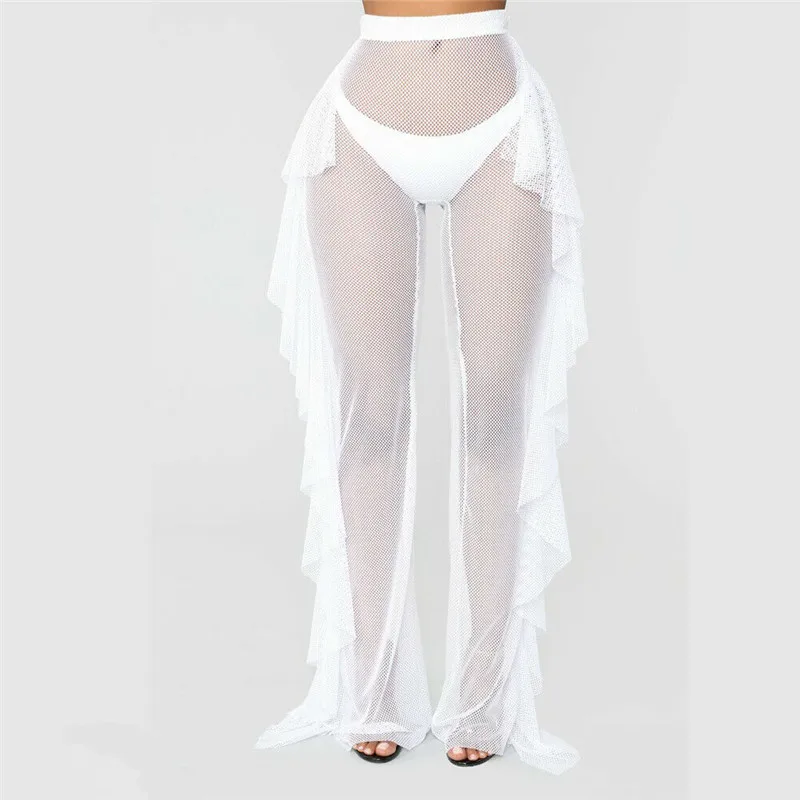 

Women Beach Pants See Through Sheer Mesh Ruffle Beach Cover Up Pants Solid Beachwear Women Swimwear Swimsuit Cover Up Trousers