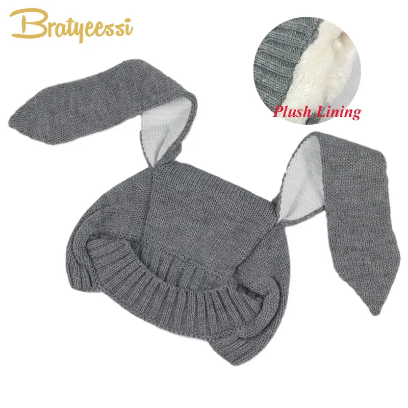 

Cute Bunny Winter Baby Hat for Girl Boy Knit Plush Lining Baby Bonnet Kids Cap Photography Props Toddler Hats Infant Accessories