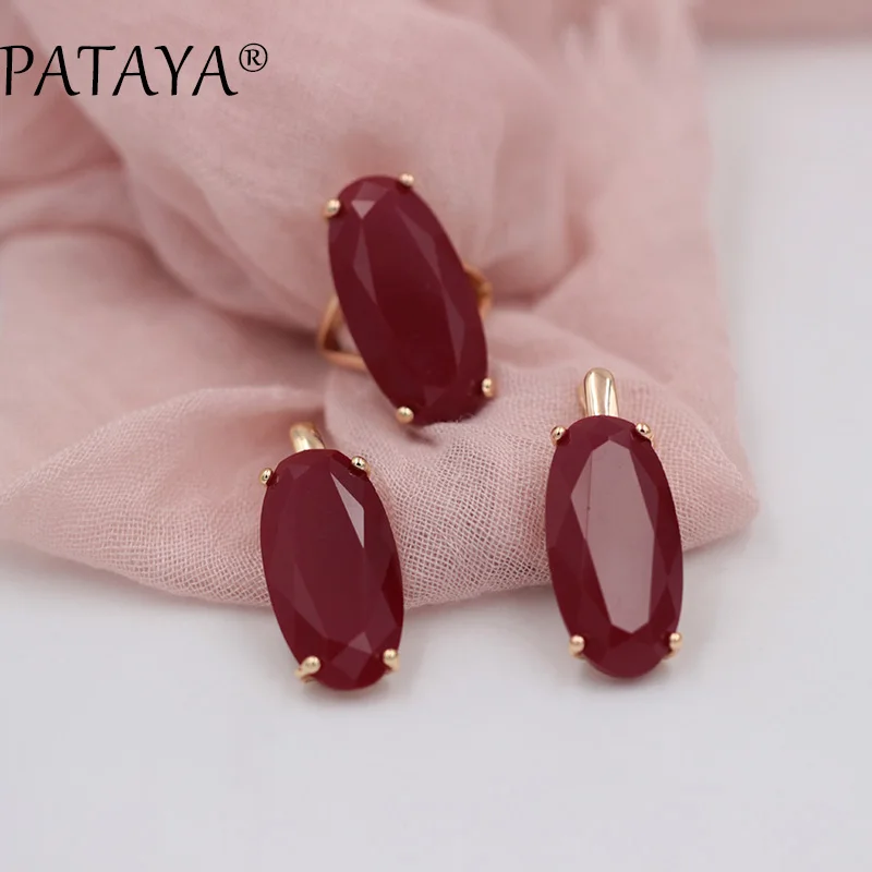 Red PATAYA изящный набор украшений для женщин модные свадебные благородные 585 розовое золото Овальный искусственный кубический циркон синие серьги кольца наборы - Окраска металла: Red