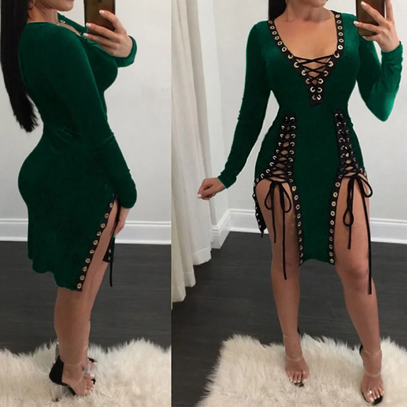 Глубокий v-образным вырезом женщин кружева выдалбливают сексуальный повязку dress