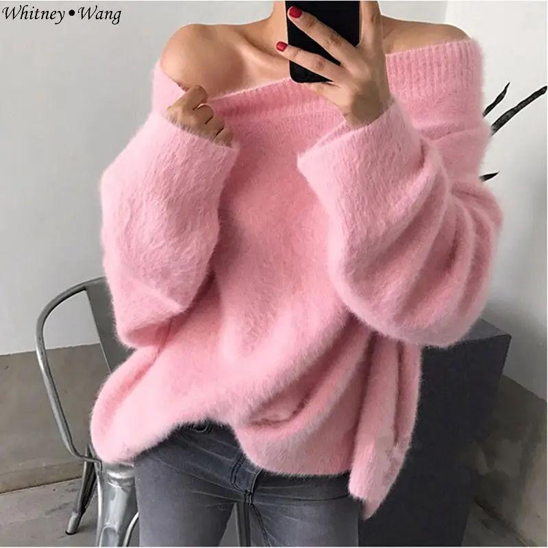 WHITNEY WANG 2018 Autumn Winter Fashion Streetwear Sexy Slash neck Mohair Sweater Women jumper pull femme Pullovers Sweaters | Женская