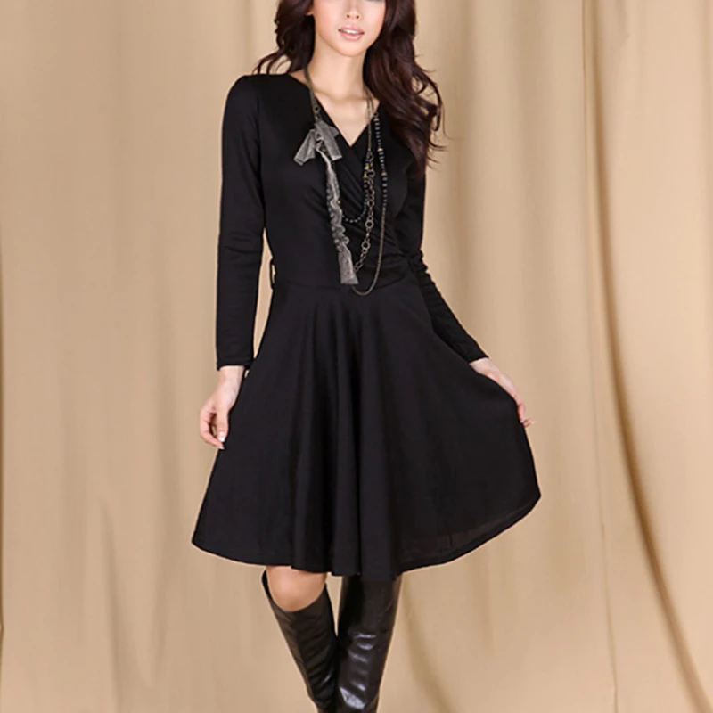 Весенне осенние женские черные плиссированные платья с поясом горячая