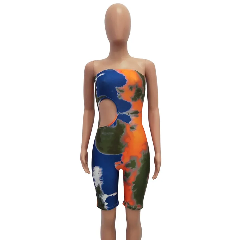 ANJAMANOR галстук краситель без бретелек вырезанный Короткий Bodycon Jumsuit сексуальный