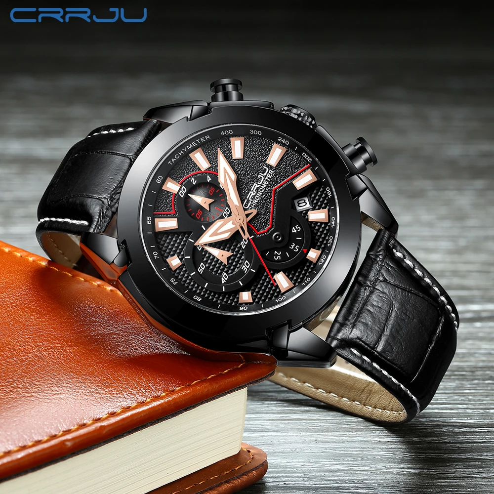 Мужские Кварцевые водонепроницаемые часы CRRJU брендовые роскошные кожаные