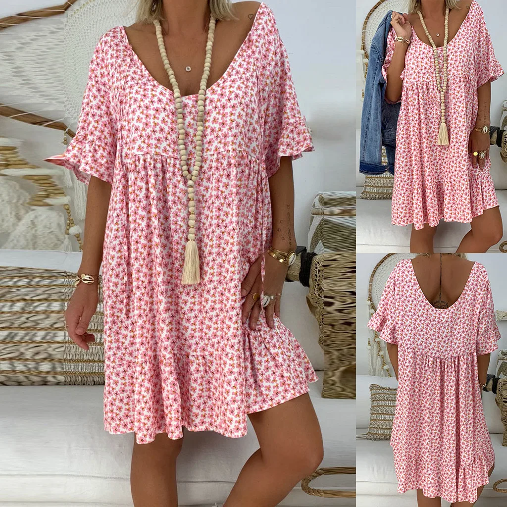 Женское свободное мини платье с коротким рукавом и принтом летнее женские платья