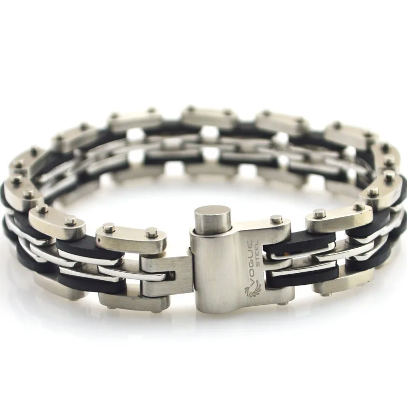 

2015Hot Sale 216L Stainless Steel with Black Rubber Mens Link Chain Bracelet 8.27 inches Wholesale Men Punk Jewelry SS030B