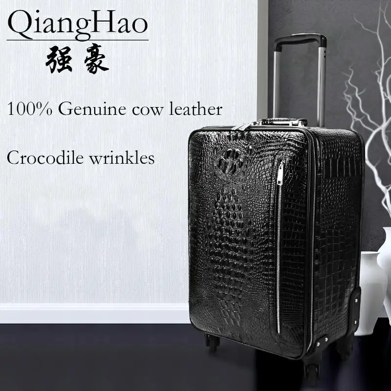 QiangHao, 16 дюймов, 20 дюймов, Спиннер, колесо, натуральная кожа, чемодан, крокодиловый тип, телячья кожа, багаж для багажа - Цвет: Black