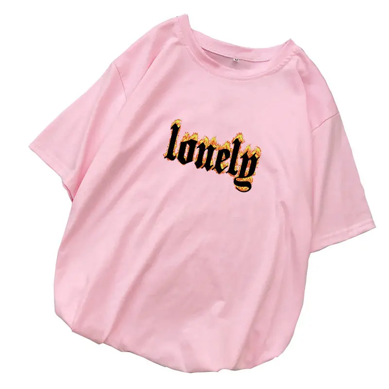 Розовый Женская футболка LONELY FRAME с буквенным принтом, женская летняя Свободная Повседневная Уличная футболка Tumblr в стиле Харадзюку, топы DIY, футболка Femme - Цвет: Розовый