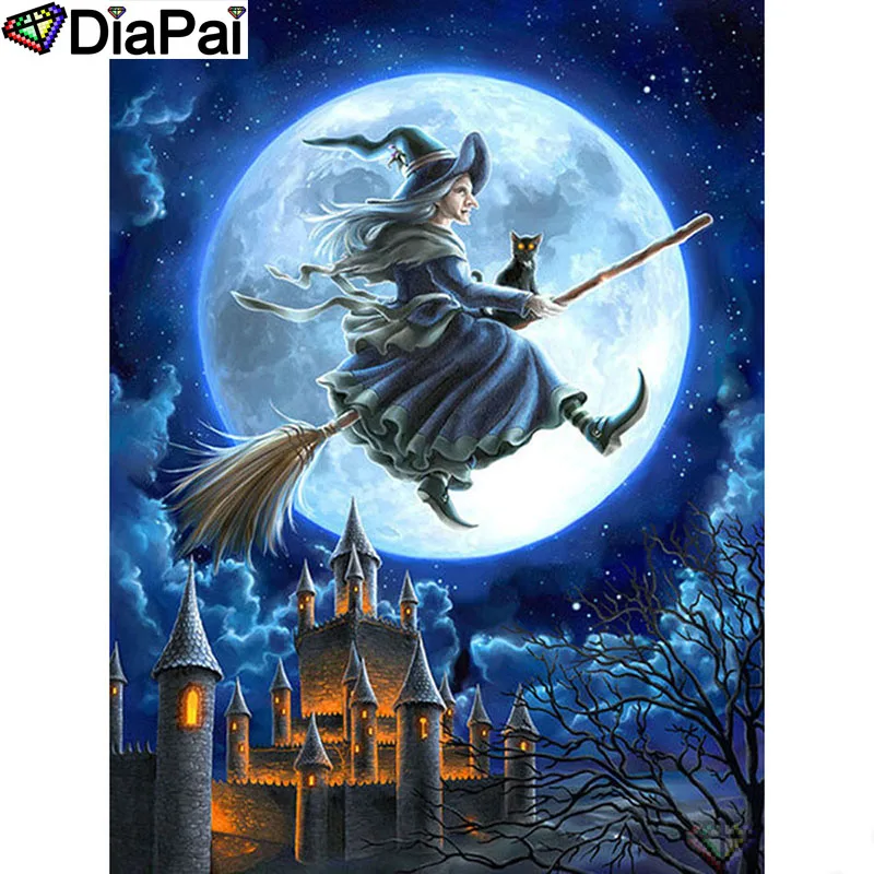 

DIAPAI 5D DIY Diamond Painting 100% Full Square/Round Drill "Witch cat moon" Diamond Embroidery Cross Stitch 3D Decor A22162