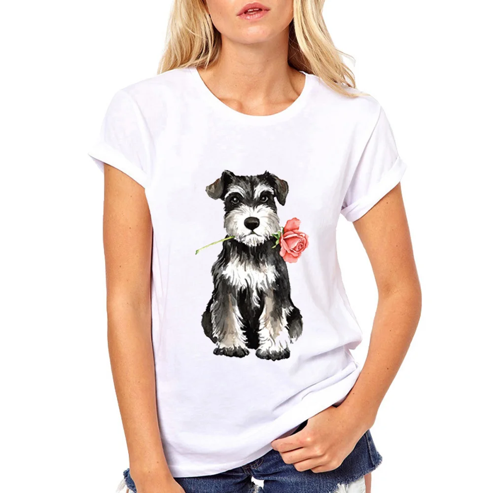 Rose Mini Schnauzer dog t shirt women Girl's Cute print Summer Short Sleeve Casual animal French Bulldog shirts For Women | Женская