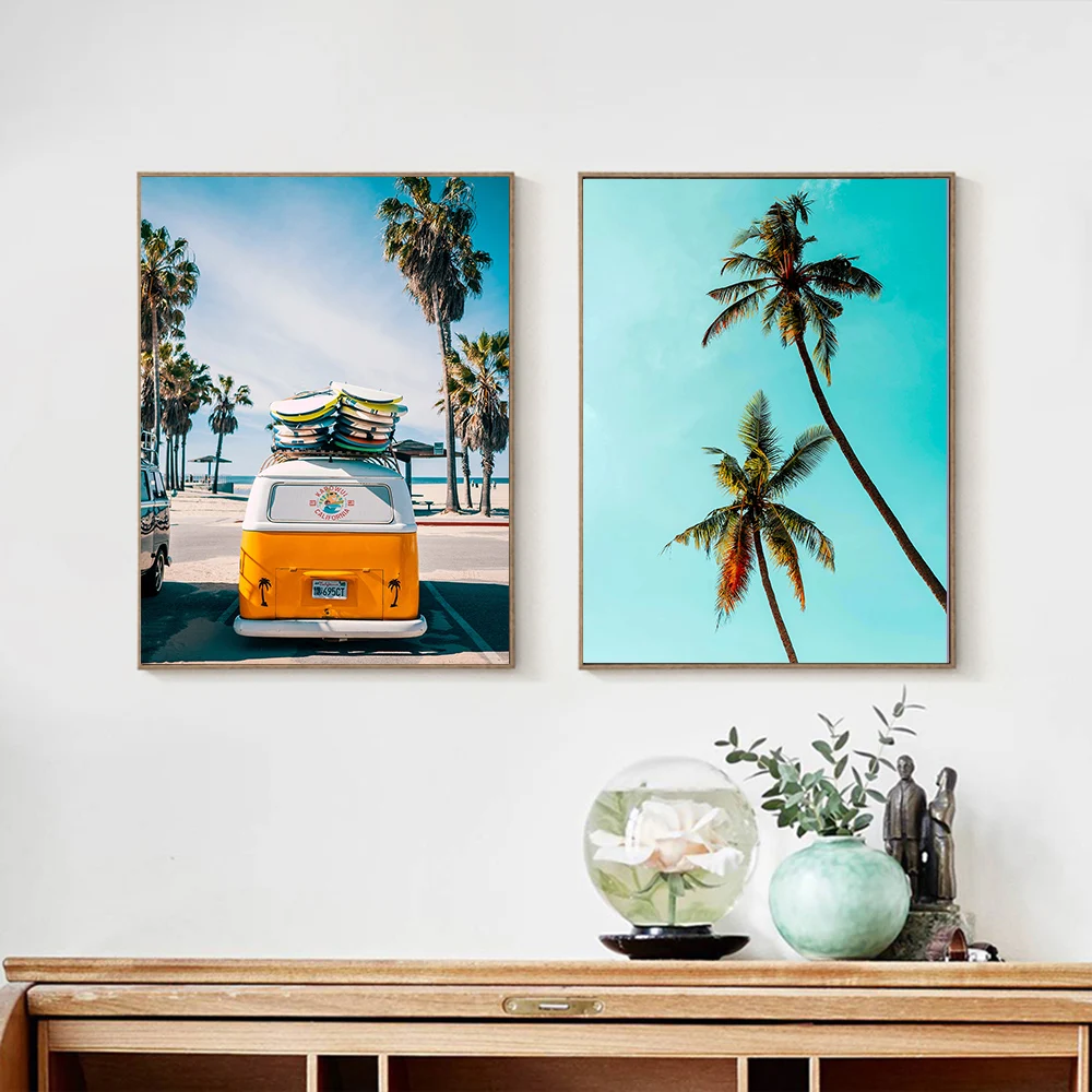 

Palm Tree Tropical Posters and Prints Sea Bus Canvas Painting Landscape Wall Picture for Living Room Modern Home Decor No Frame