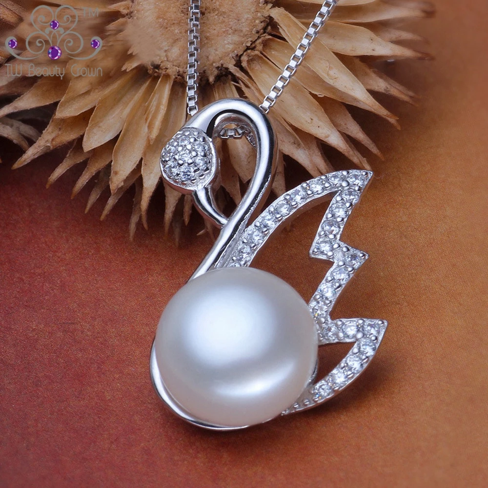 Real Solid 925 Pure Silver Jewelry Noble Vintage Swan White Natural Freshwater Pearl Pendant Necklaces For Women Fashion | Украшения и