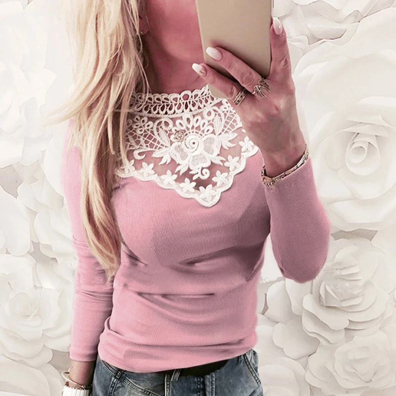 Женская Кружевная футболка с длинными рукавами элегантная облегающая серого и